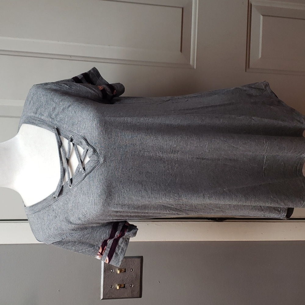 Maurices Gray Short Sleeve Tee with Crisscross Neckline